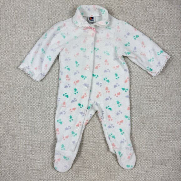 Vintage 80s Carters Terry Cloth Footed Pajamas Baby Girls 0-3 m Lace Trim Hearts - Picture 1 of 10